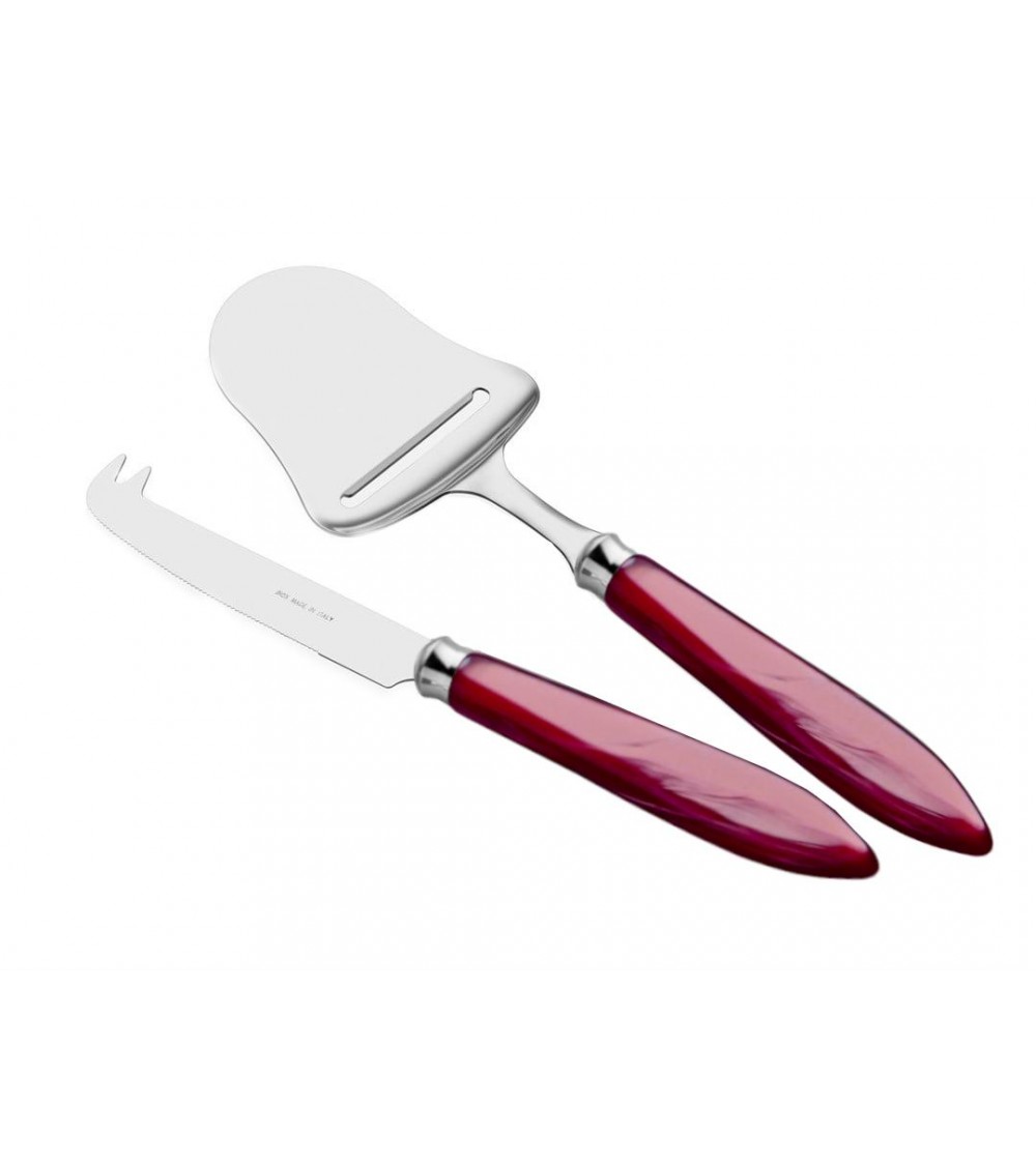 Set 2-teiliges Messer und Käseschaufel – Agata – modernes Perlmuttbesteck Rivadossi Sandro – burgunderrote Farbe