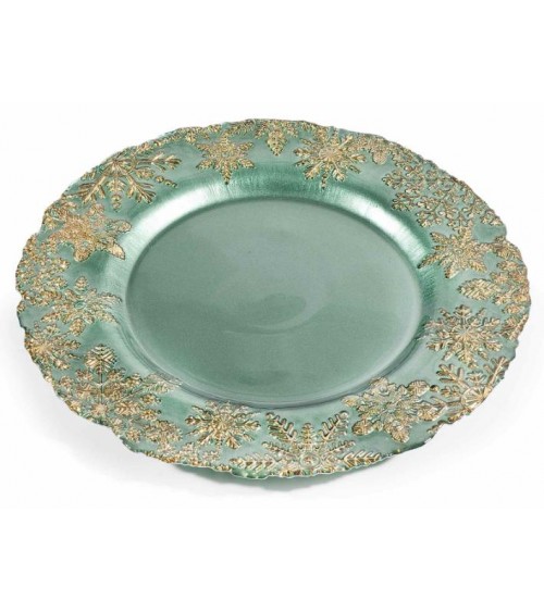 Set of 2 Christmas Decorated Glass Serving Plates - Green and Gold Color -