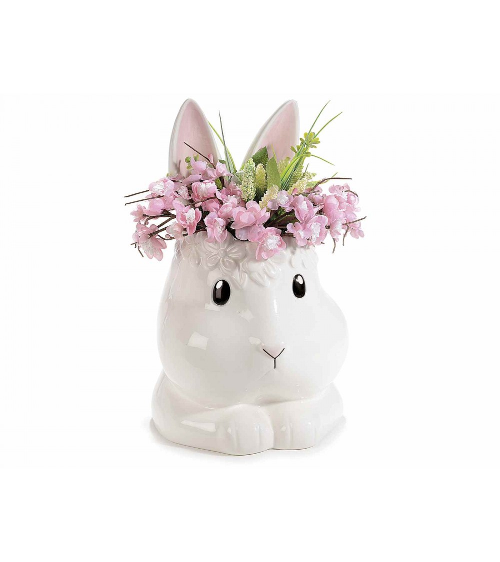 Vase en céramique en forme de lapin brillant avec des fleurs de soulagement -