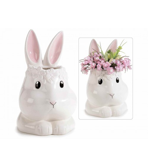 Vase en céramique en forme de lapin brillant avec des fleurs de soulagement -