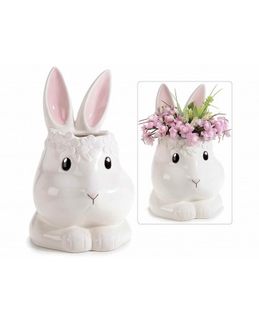 Vase en céramique en forme de lapin brillant avec des fleurs de soulagement -