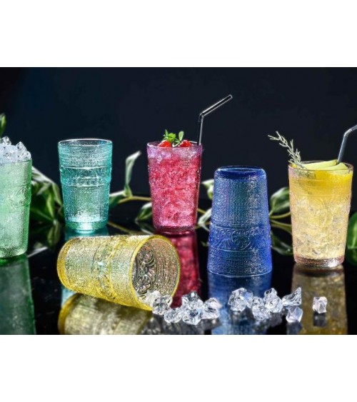 Set 6 farbige Wassergläser in bearbeitetem Glas, gemischte Farben - 350 ml -