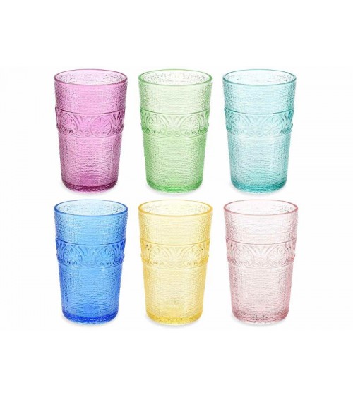 Set 6 colored water glasses in worked glass, mixed colors - 350 ml -