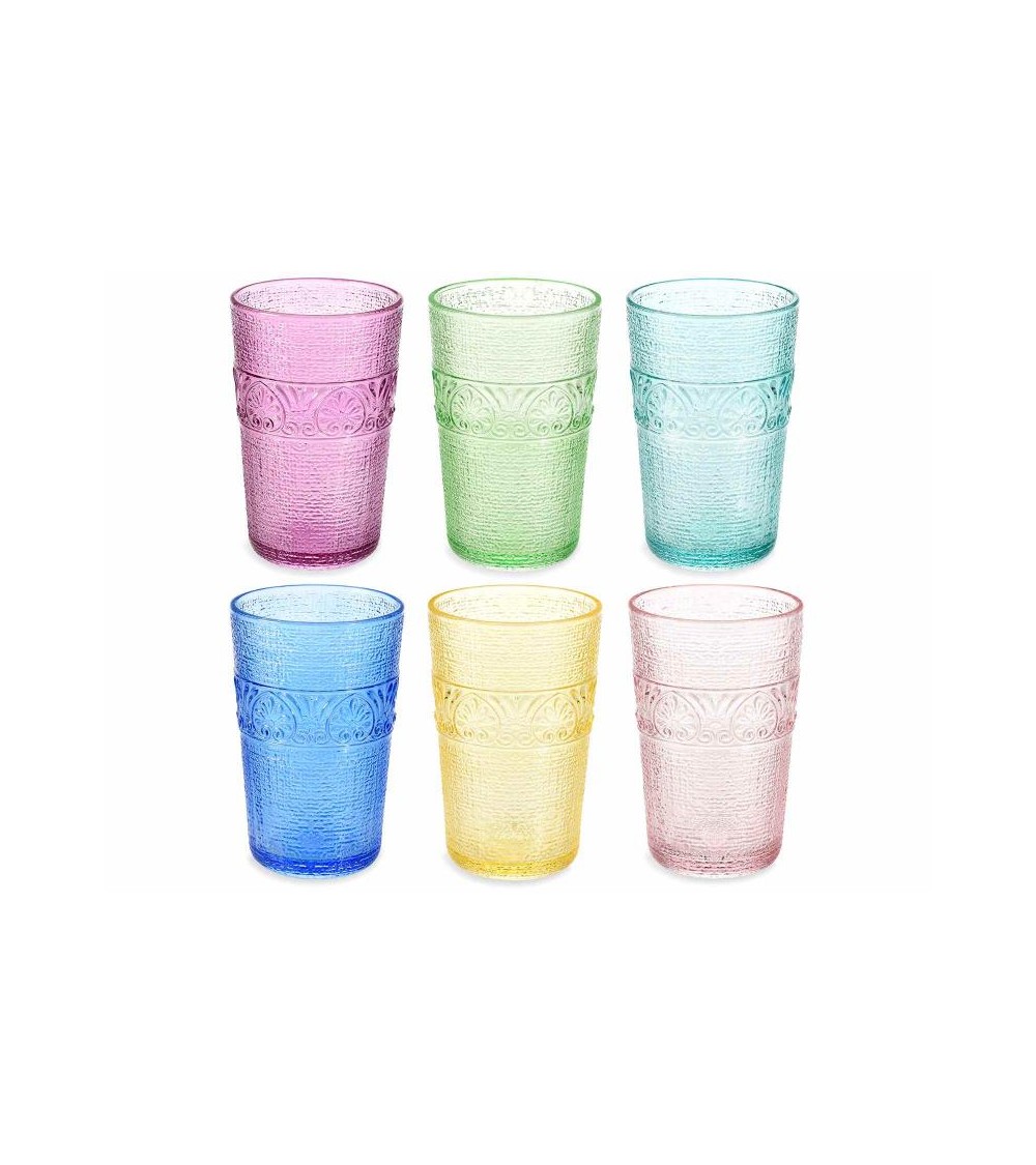Set 6 farbige Wassergläser in bearbeitetem Glas, gemischte Farben - 350 ml -