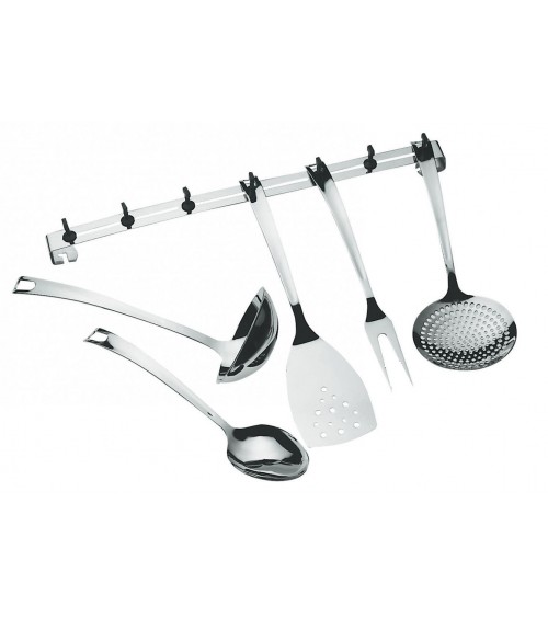 Set 5 Pezzi Utensili Cucina in Acciaio Inox con Supporto - Casa Bugatti - Design Made in Italy - 