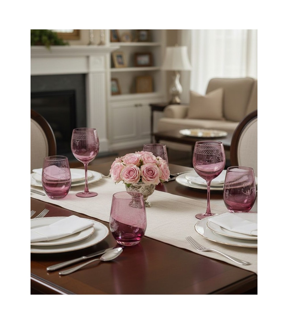 Set 6 Calici Rosso Burgundy in Vetro Colorato con Incisione | Made in Italy - 