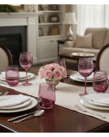 Set of 6 Burgundy Red Colored Glass Goblets with Engraving | Made in Italy -