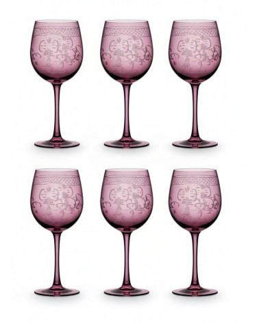 Set of 6 Burgundy Red Colored Glass Goblets with Engraving | Made in Italy -