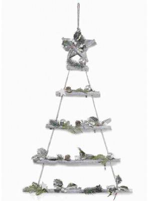 Weihnachtsbaum aus Holz zum Aufhängen mit Stella und schneebedeckten Verzierungen - 