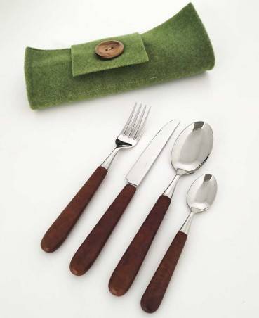 Luxury Cutlery - Kadir Walnut Briar Handle - Set of 4 Pieces - Table Setting with Cutlery Holder -  - 8004746470105