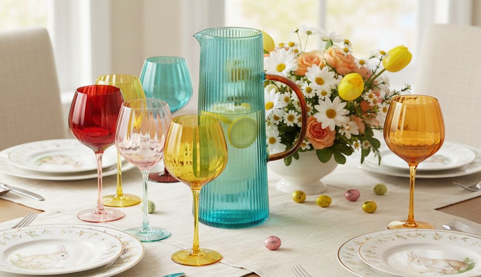 Tavola di Pasqua elegante con bicchieri colorati in vetro a rilievo e brocca coordinata Made in Italy Modalyssa Store.