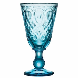 Bicchiere in vetro azzurro dal design romantico con lavorazione elegante