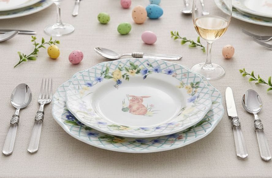 Apparecchiatura tavola di Pasqua con piatti decorati con coniglietto e set posate Modalyssa con manico trasparente e ghiera decorata in stile vintage.
