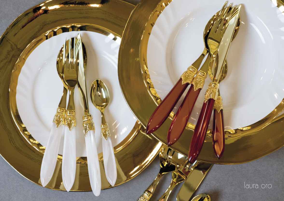 Luxuriöses farbiges Besteck von Rivadossi Sandro – Goldstahl – weißer Griff und orangefarbener Griff